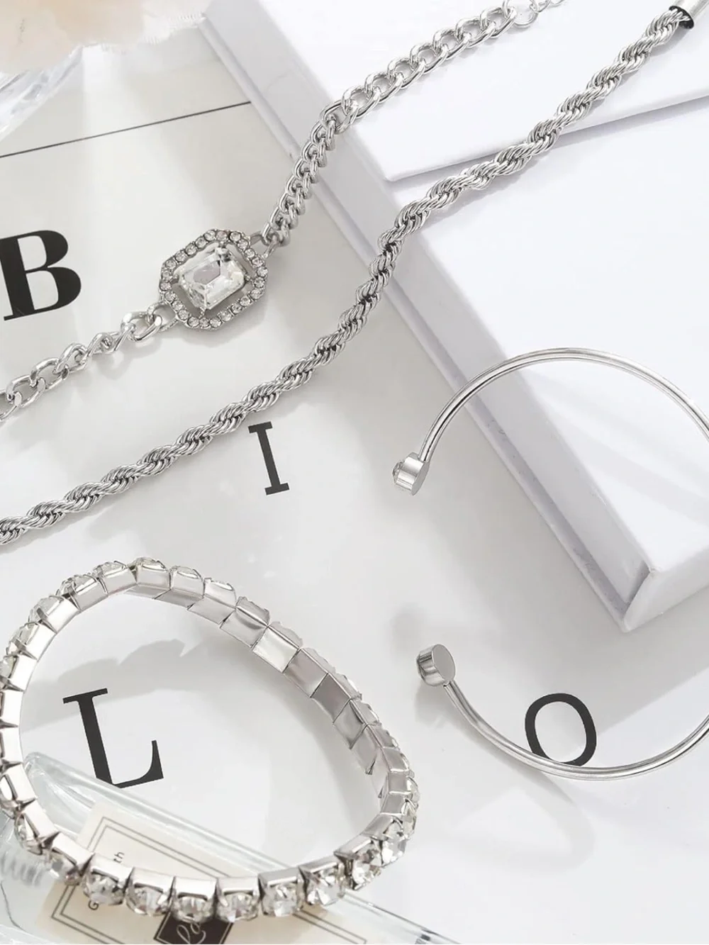 Anthropologie Silver Crystal Chain Bracelet Set